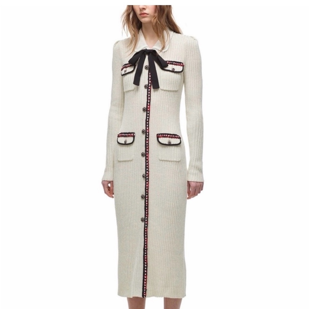 Self-Portrait Ivory Ribbed Long-Sleeve Midi Dress with Black Bow & Trim